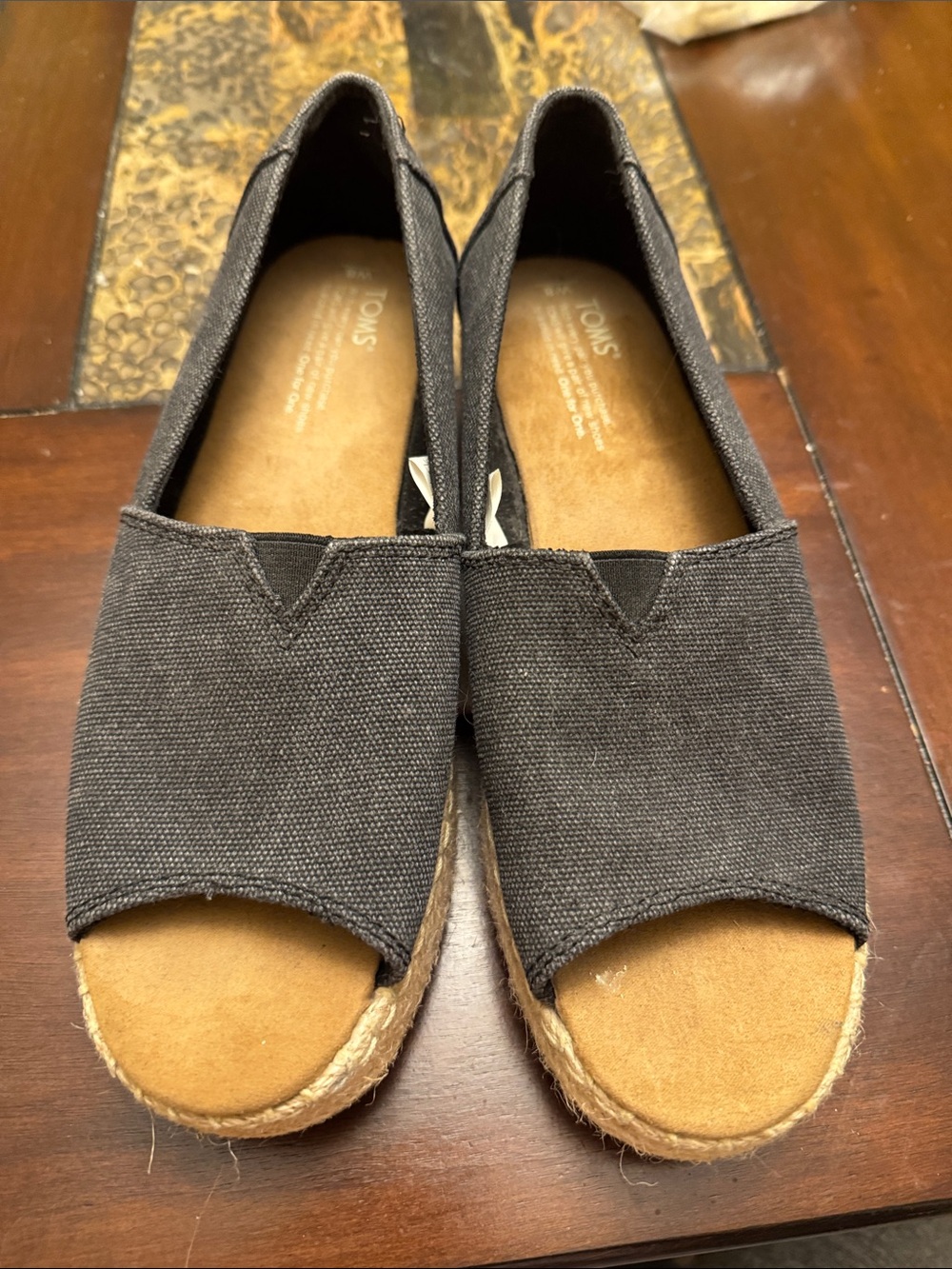 Toms Women's Charcoal Canvas Espadrille Peep-Toe Slip-Ons